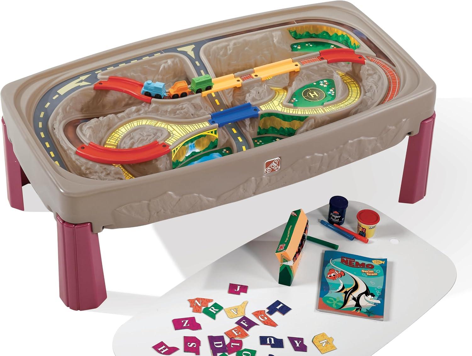 image:imageStep2 Deluxe Canyon Road Train amp Track Table Kids Activity Table for Cars Cover Included Made of Durable Plastic Includes 3Piece Train Set For Toddlers 3 Years Old
