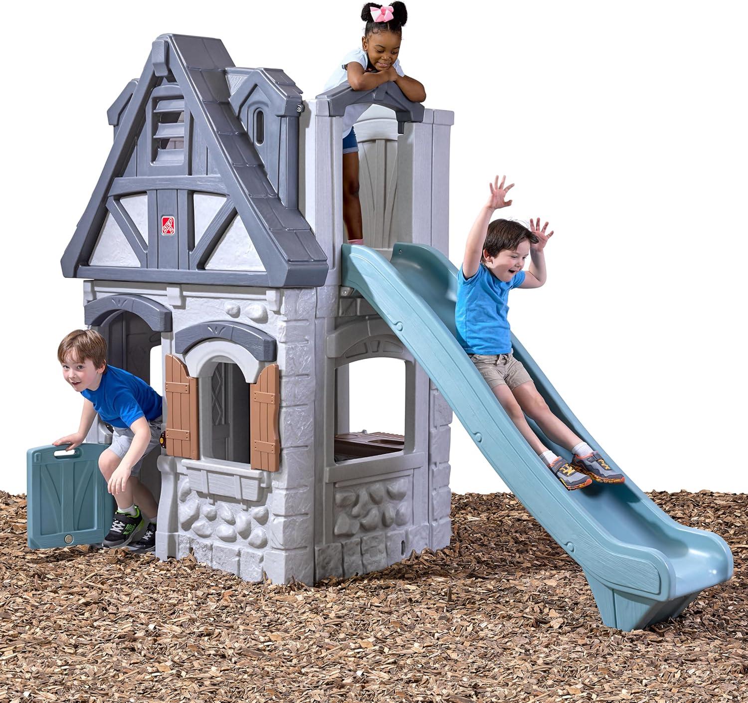 image:imageStep2 Enchanting Adventures 2Story Kids Playhouse Outdoor Playhouse with Kitchenette amp Slide Rock Climbing Wall Made of Durable Plastice For Toddlers 48 Years OldPlayhouse Slide