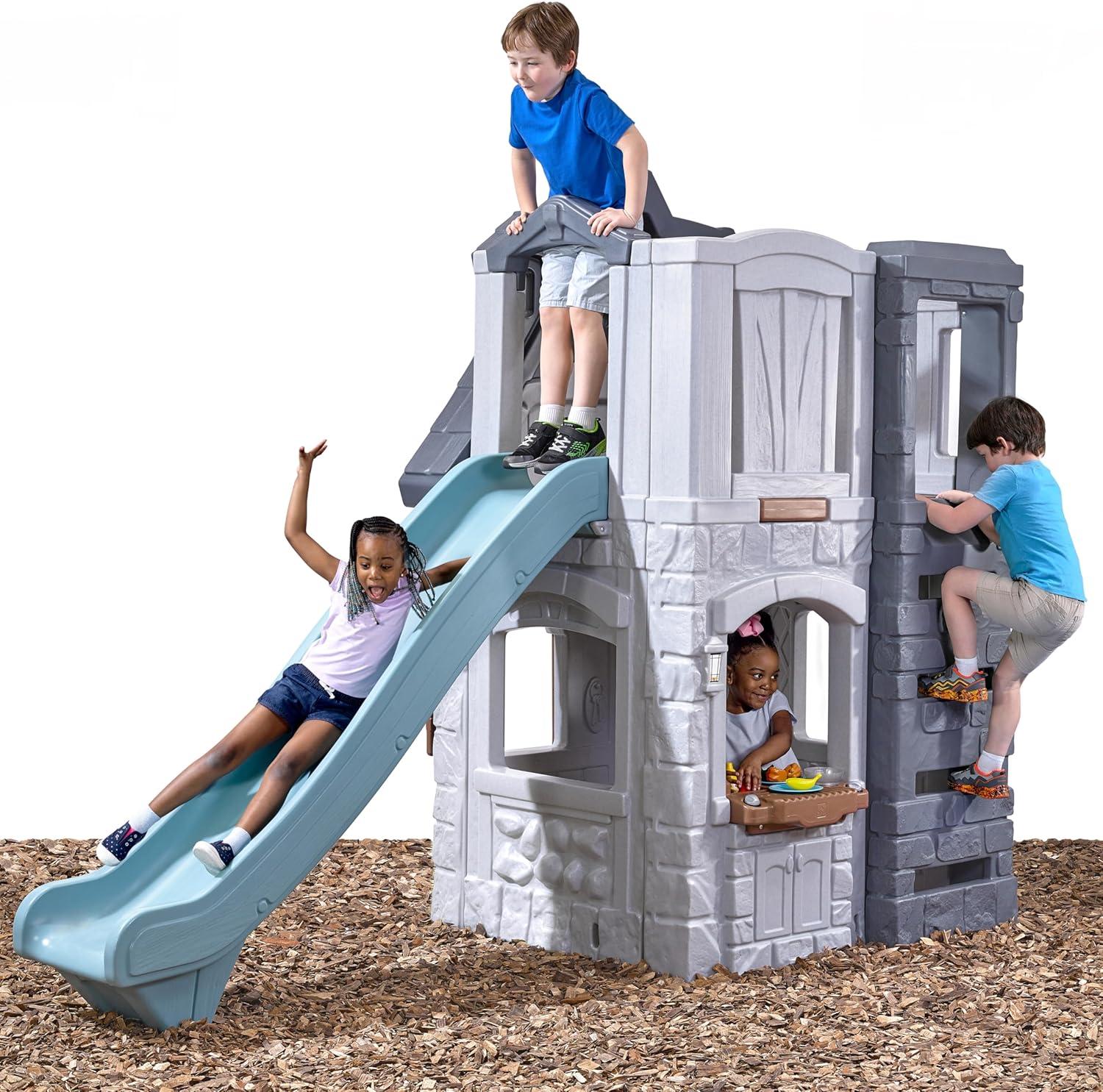 image:imageStep2 Enchanting Adventures 2Story Kids Playhouse Outdoor Playhouse with Kitchenette amp Slide Rock Climbing Wall Made of Durable Plastice For Toddlers 48 Years OldPlayhouse Slide