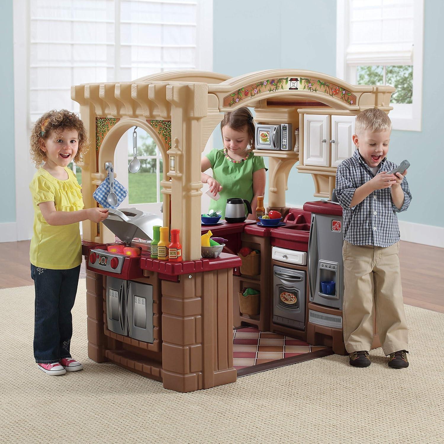 image:imageStep2 Grand Walkin Kitchen amp Grill Kids Playset IndoorOutdoor Kitchenette Interactive Play with Lights and Sounds Durable Plastic 103 Piece Toy Accessories Toddlers 2 Years Old GrayWhiteBrown Tan