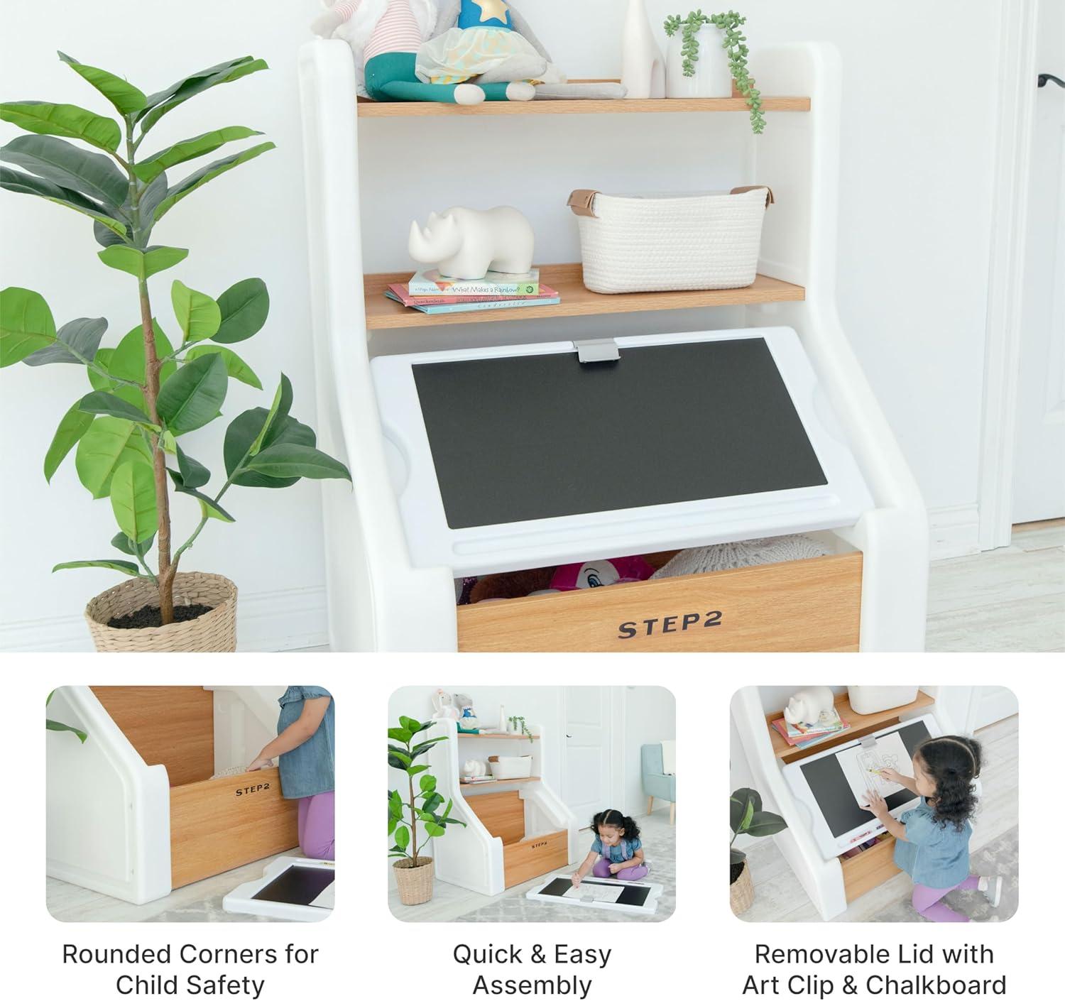 image:imageStep2 Harmony Toy Storage Box Wood and Plastic Shelves for Books Toy Storage Bin with Chalkboard Lid and Clip Easel and Toy Organizer in One Rose PinkWhite