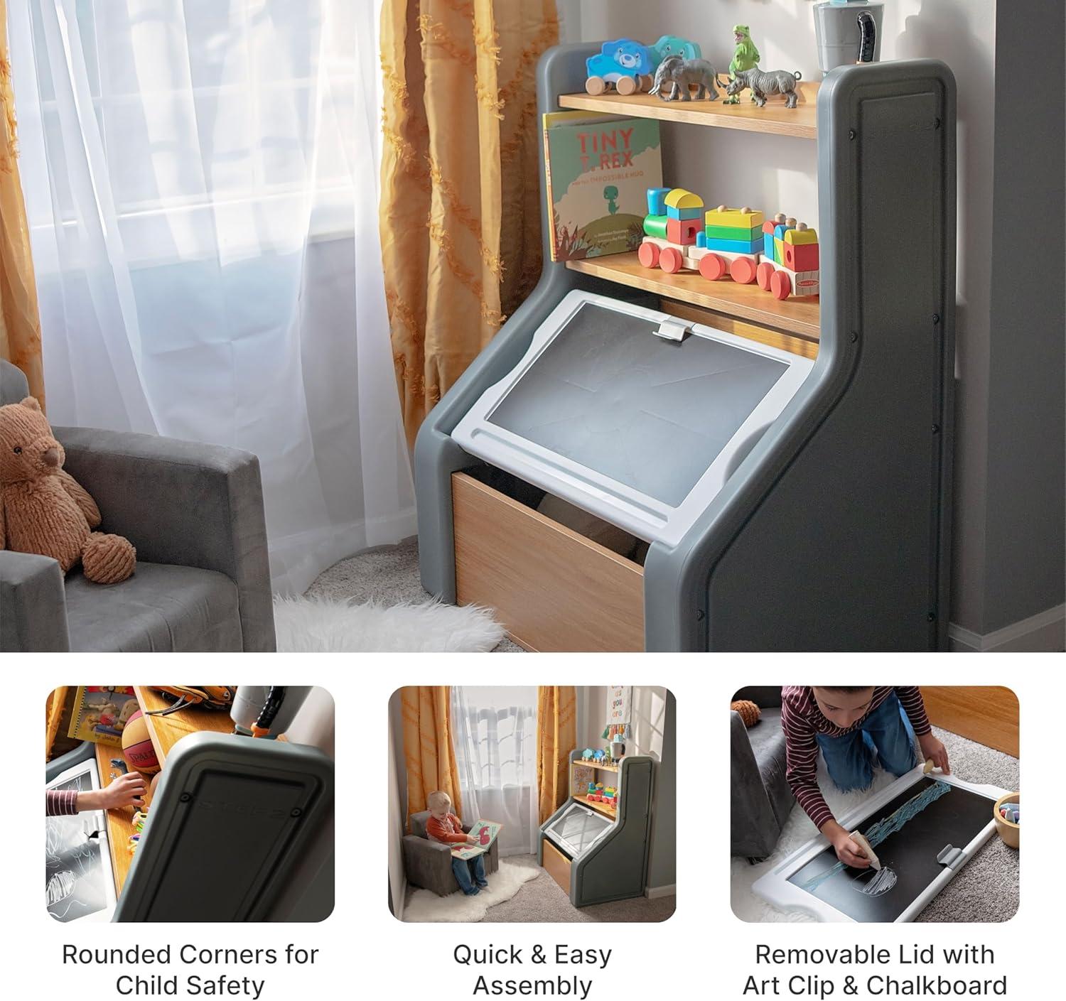 image:imageStep2 Harmony Toy Storage Box Wood and Plastic Shelves for Books Toy Storage Bin with Chalkboard Lid and Clip Easel and Toy Organizer in One Rose PinkSage Gray