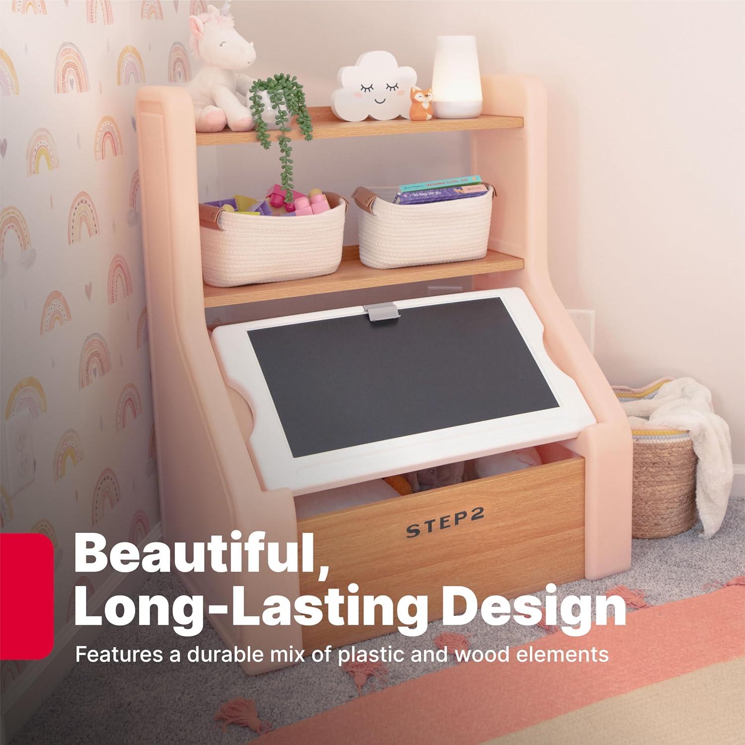 image:imageStep2 Harmony Toy Storage Box Wood and Plastic Shelves for Books Toy Storage Bin with Chalkboard Lid and Clip Easel and Toy Organizer in One Rose PinkRose Pink
