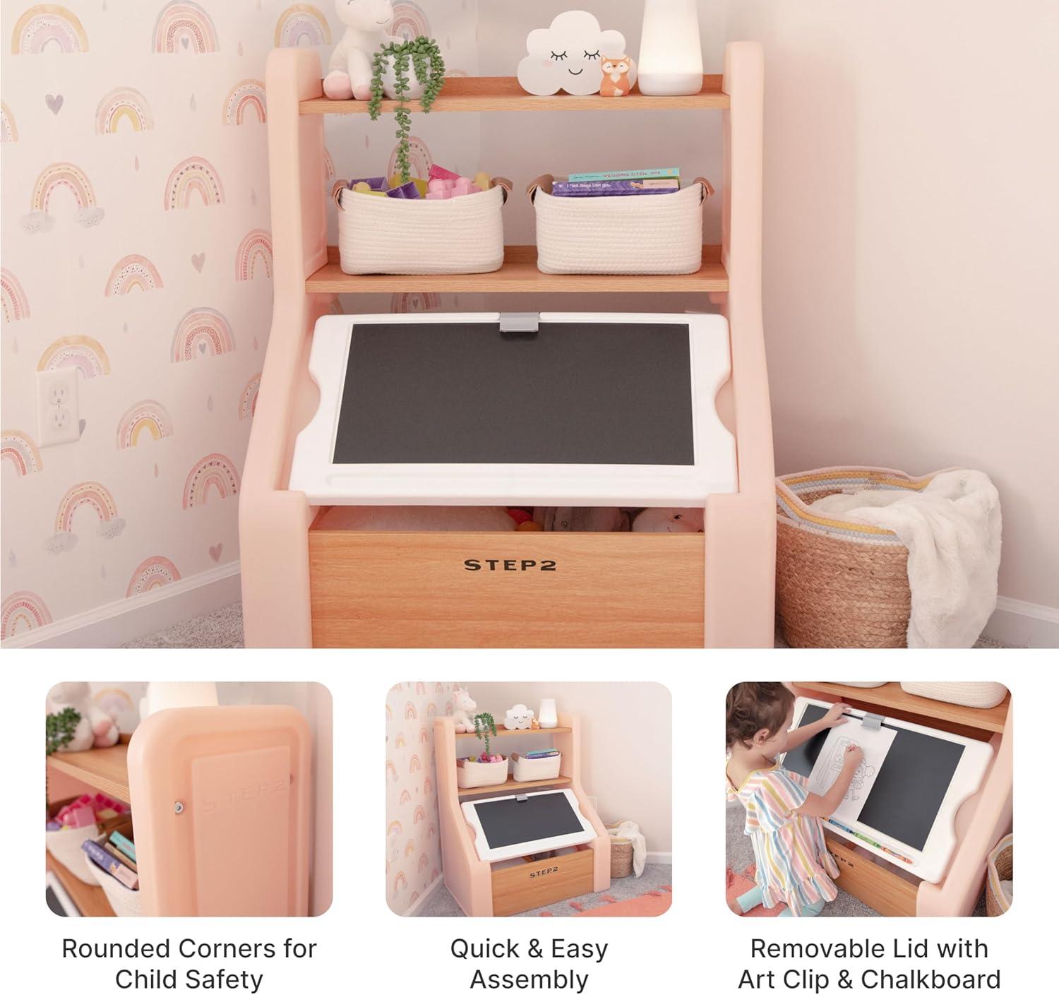 image:imageStep2 Harmony Toy Storage Box Wood and Plastic Shelves for Books Toy Storage Bin with Chalkboard Lid and Clip Easel and Toy Organizer in One Rose PinkRose Pink