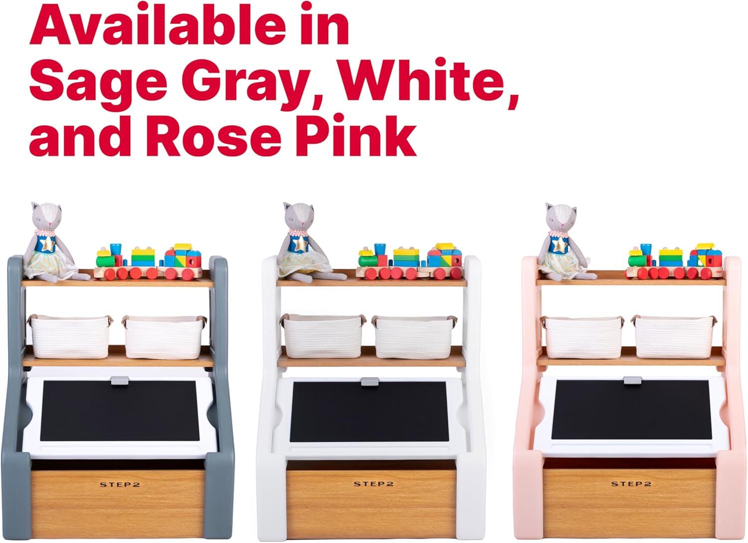 image:imageStep2 Harmony Toy Storage Box Wood and Plastic Shelves for Books Toy Storage Bin with Chalkboard Lid and Clip Easel and Toy Organizer in One Rose PinkSage Gray