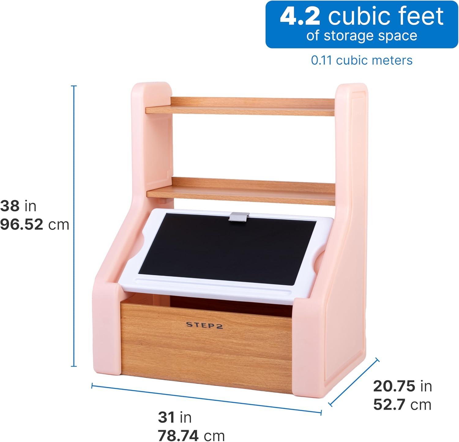 image:imageStep2 Harmony Toy Storage Box Wood and Plastic Shelves for Books Toy Storage Bin with Chalkboard Lid and Clip Easel and Toy Organizer in One Rose PinkRose Pink