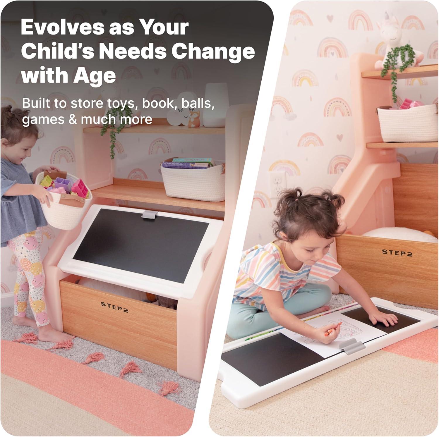 image:imageStep2 Harmony Toy Storage Box Wood and Plastic Shelves for Books Toy Storage Bin with Chalkboard Lid and Clip Easel and Toy Organizer in One Rose PinkRose Pink
