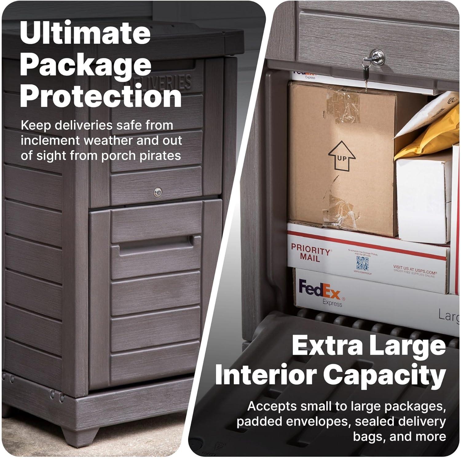 image:imageStep2 Lakewood Package Delivery Box Weather Resistant Large Outdoor Parcel Storage Made of Durable Plastic Easy Install Lock amp Key Access Dark Cedar