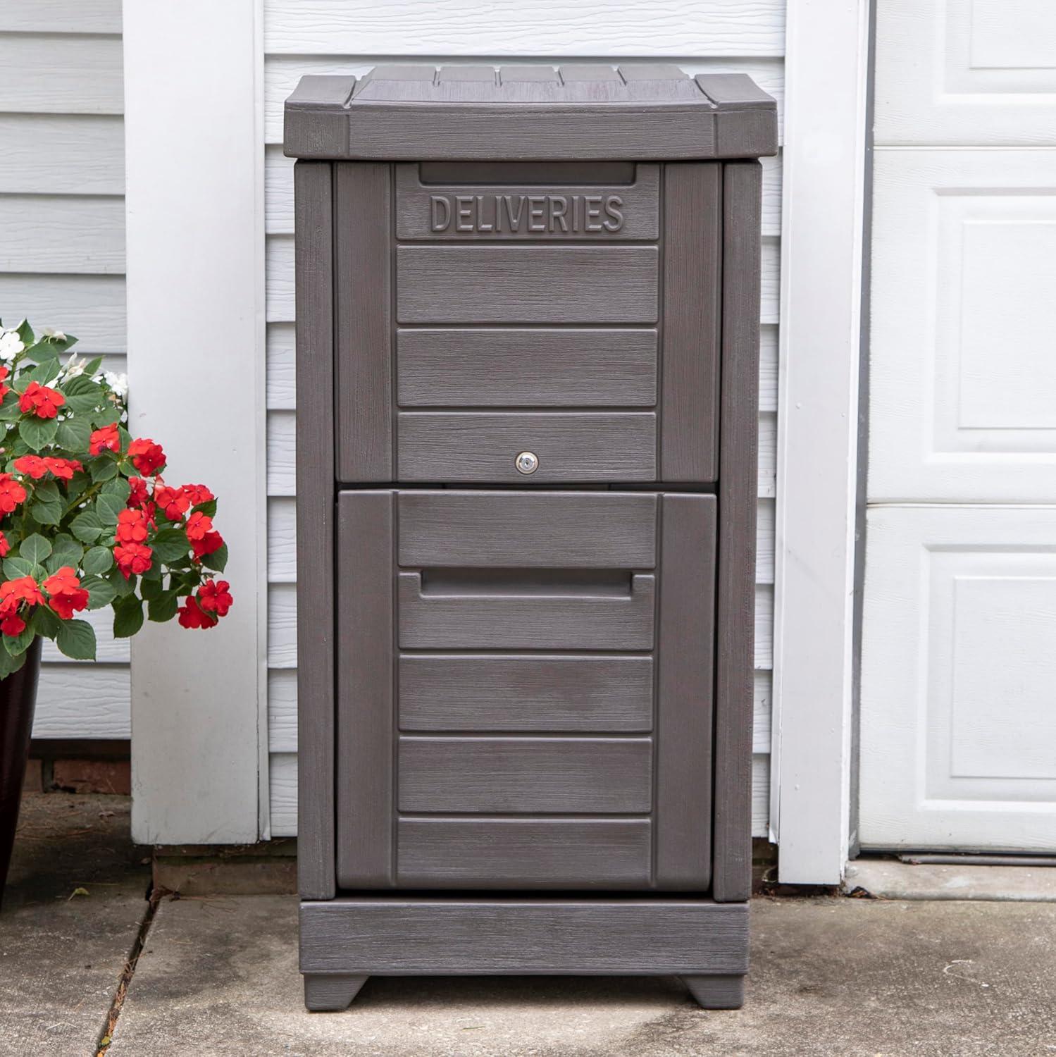 image:imageStep2 Lakewood Package Delivery Box Weather Resistant Large Outdoor Parcel Storage Made of Durable Plastic Easy Install Lock amp Key Access Dark Cedar