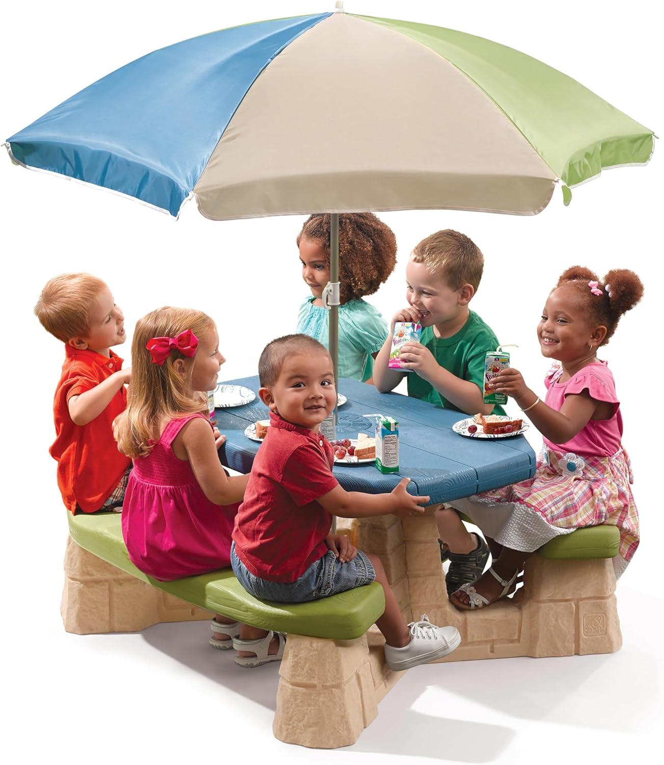 image:imageStep2 Naturally Playful Kids Picnic Table with Removeable Umbrella IndoorOutdoor Toys Fits 6 Children Made of Durable Plastic For Toddlers 3 Years Old Green amp LeavesBlue Green