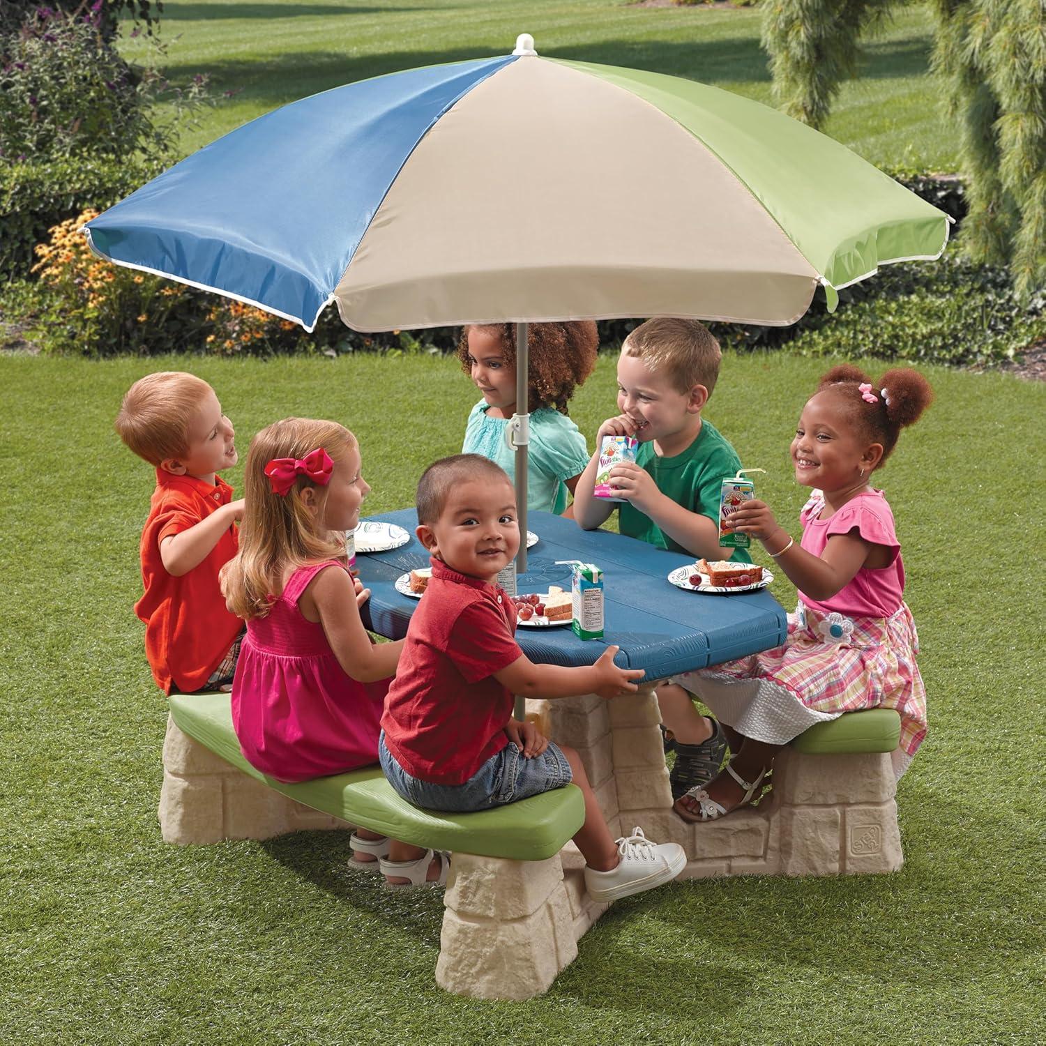 image:imageStep2 Naturally Playful Kids Picnic Table with Removeable Umbrella IndoorOutdoor Toys Fits 6 Children Made of Durable Plastic For Toddlers 3 Years Old Green amp LeavesBlue Green