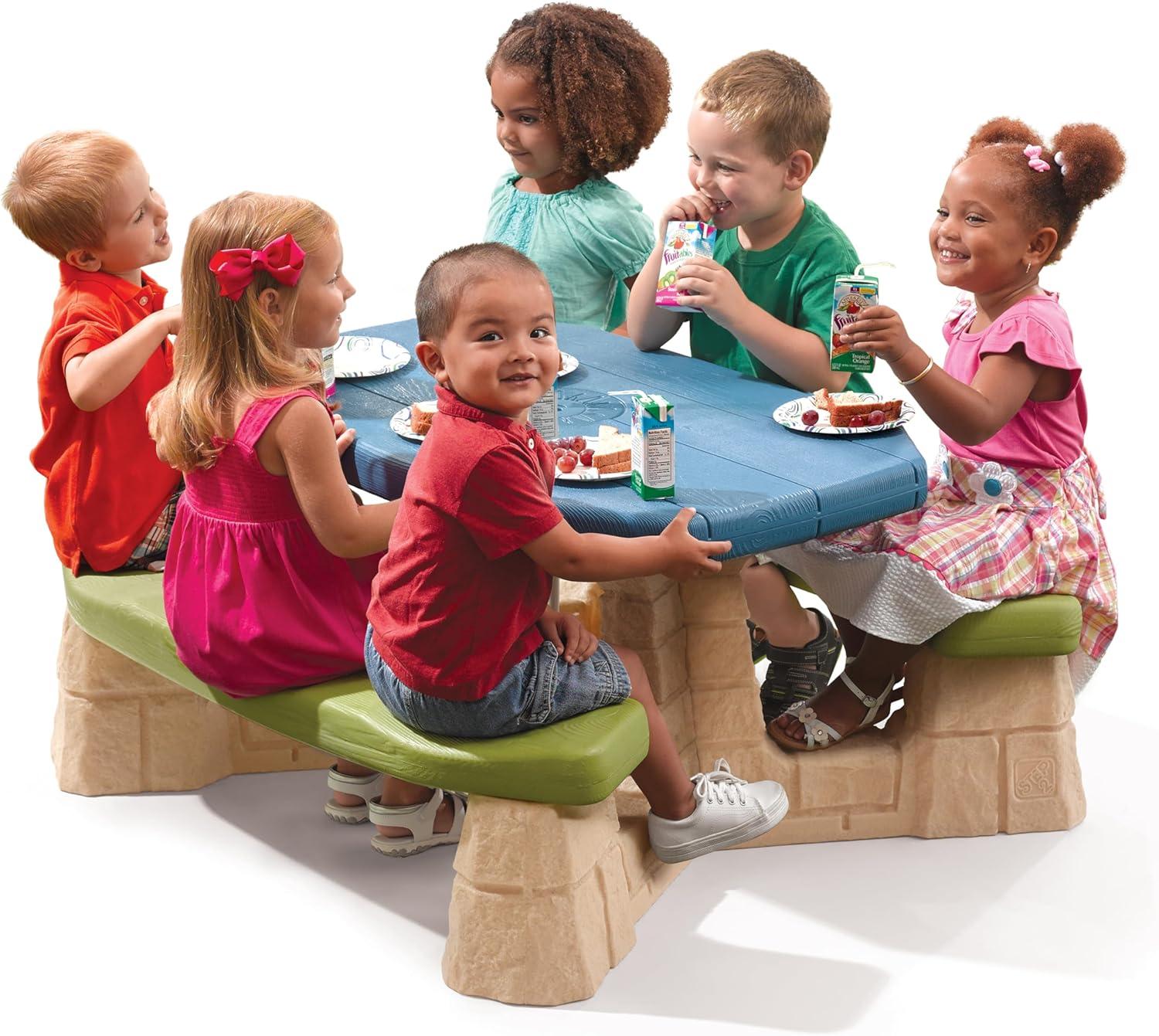 image:imageStep2 Naturally Playful Kids Picnic Table with Removeable Umbrella IndoorOutdoor Toys Fits 6 Children Made of Durable Plastic For Toddlers 3 Years Old Green amp LeavesBlue Green