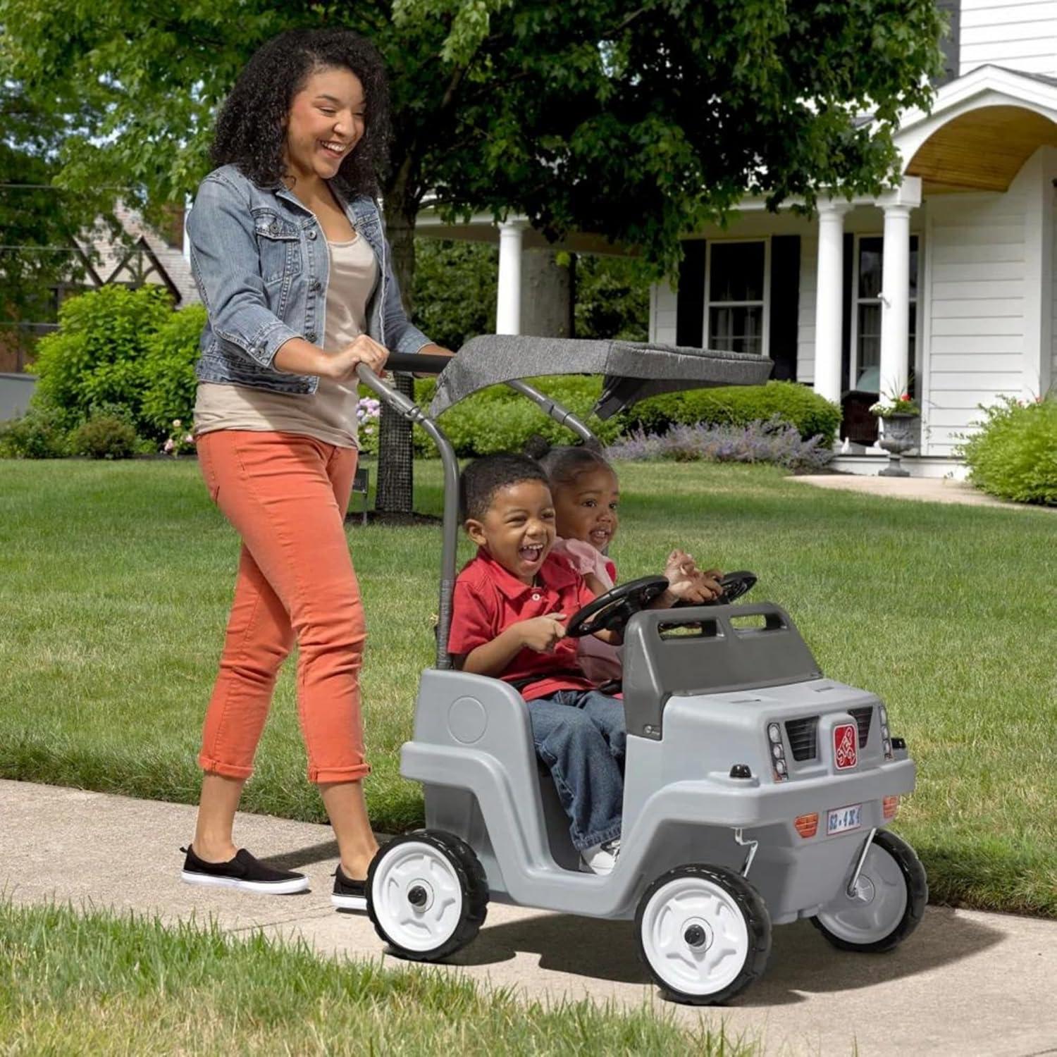 image:imageStep2 SidebySide Push Around SUV 2Seater Kids Push Car with Seat Belts Dual Steering Wheels amp Horns Adjustable Canopy Ages 18 months5 years Max 100 lbs Durable Plastic BlueGray