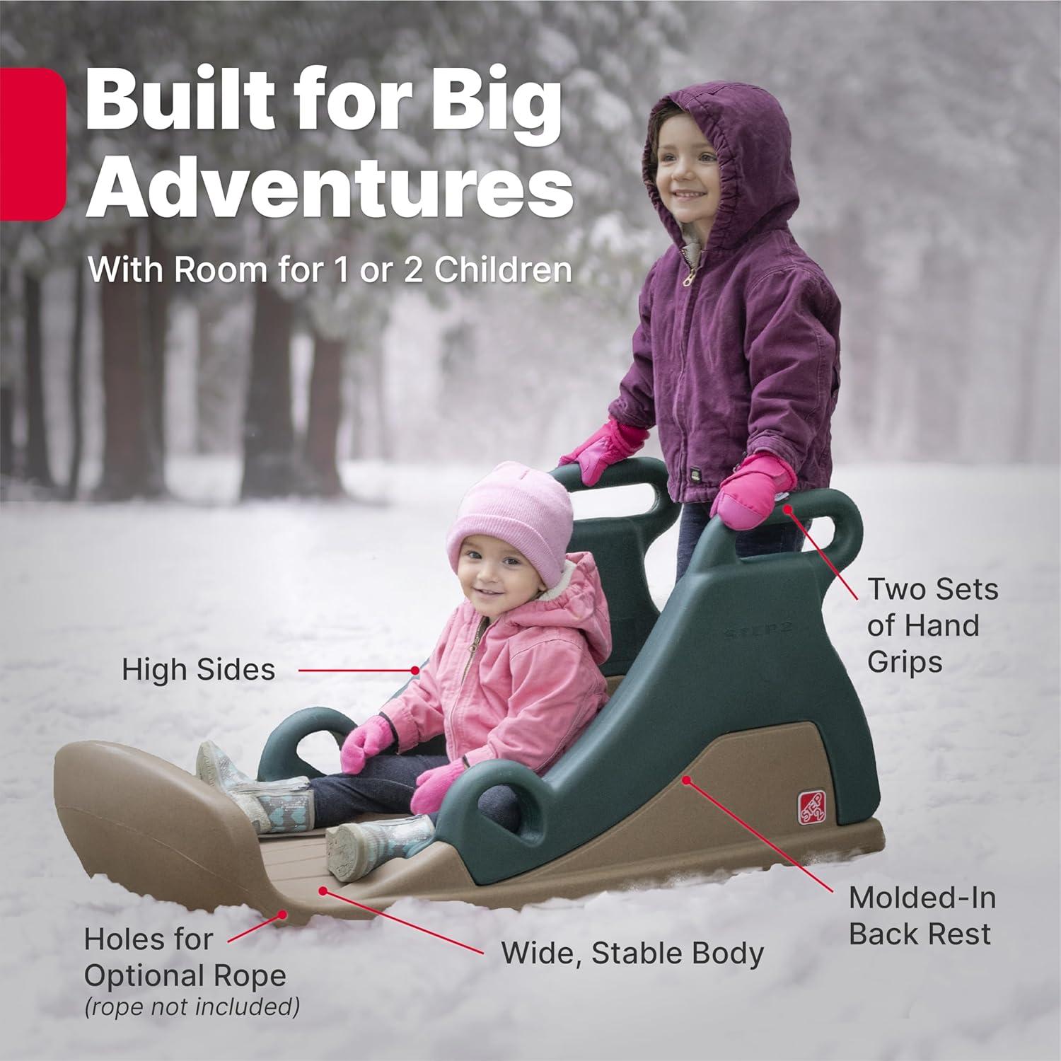image:imageStep2 Snow Runner Kids Ride On Toy amp Outdoor Snow Sled amp Toboggan Fits 2 Riders Made of Durable Plastic Max Weight 120 lbs for Toddlers 36 Years Old Tan amp Green