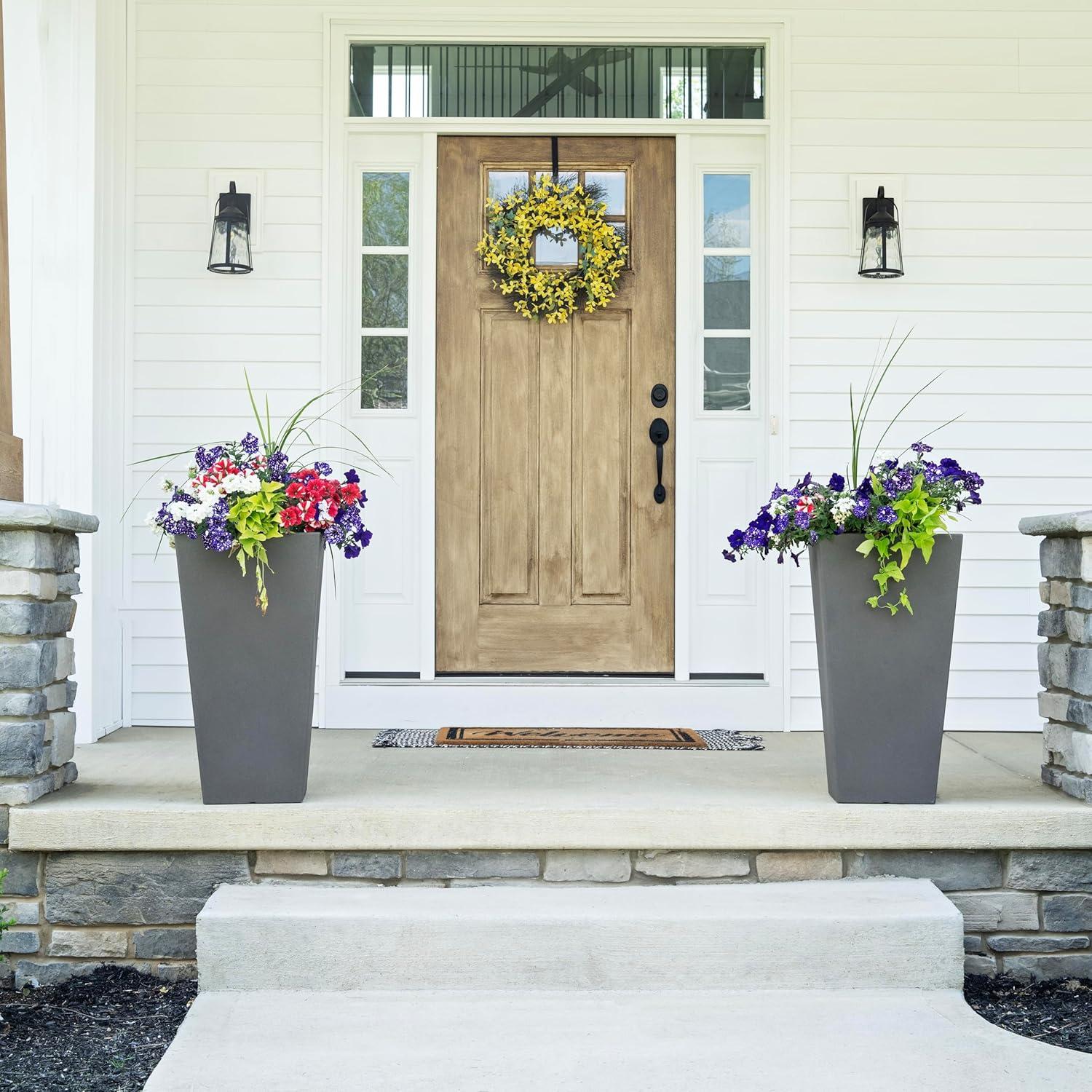 image:imageStep2 Tremont Tall Square Tapered Planter Large Planters for Outdoor Plants Gardening and Flower Pot for Patio or Porch Efficient Drainage Durable Plastic Dark Cedar 2PackDark Cedar