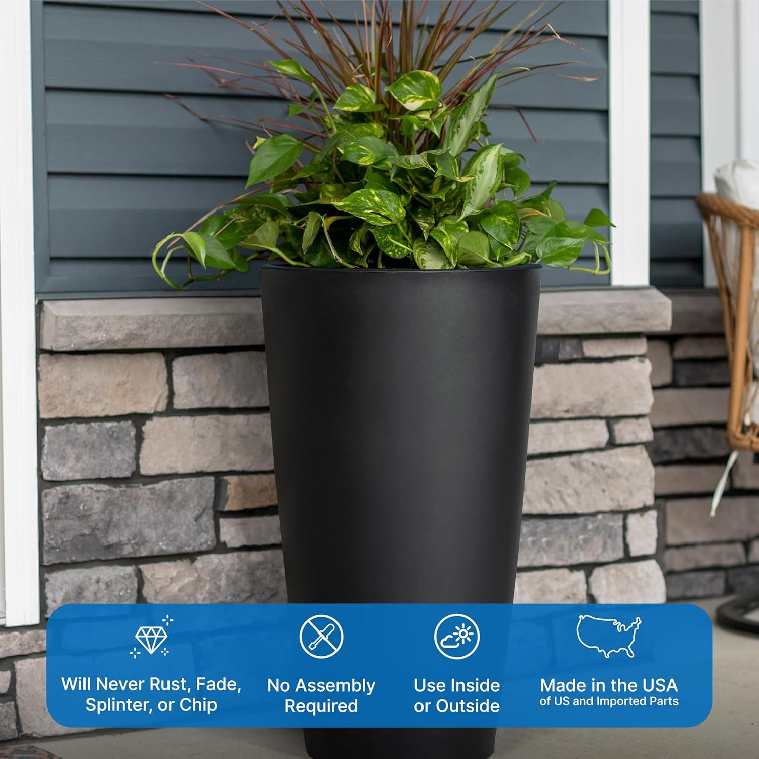 image:imageStep2 Tremont Tall Square Tapered Planter Large Planters for Outdoor Plants Gardening and Flower Pot for Patio or Porch Efficient Drainage Durable Plastic Dark Cedar 2PackOnyx Black