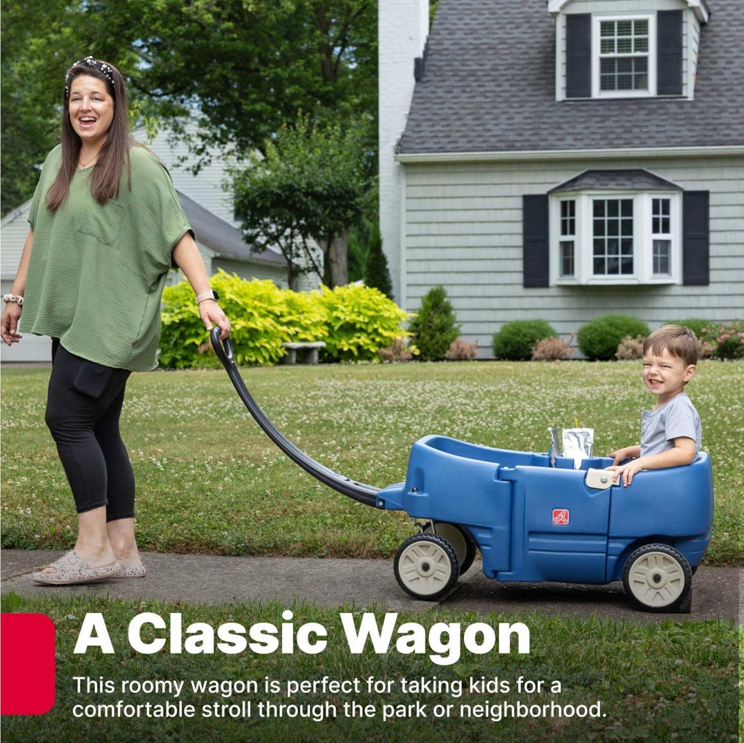 image:imageStep2 Wagon for Two Plus Kids Ride On Toy Stroller Substitute Includes Seat Belts Made of Durable Plastic Max Weight 75 lbs For Toddlers 155 Years Old Denim Blue
