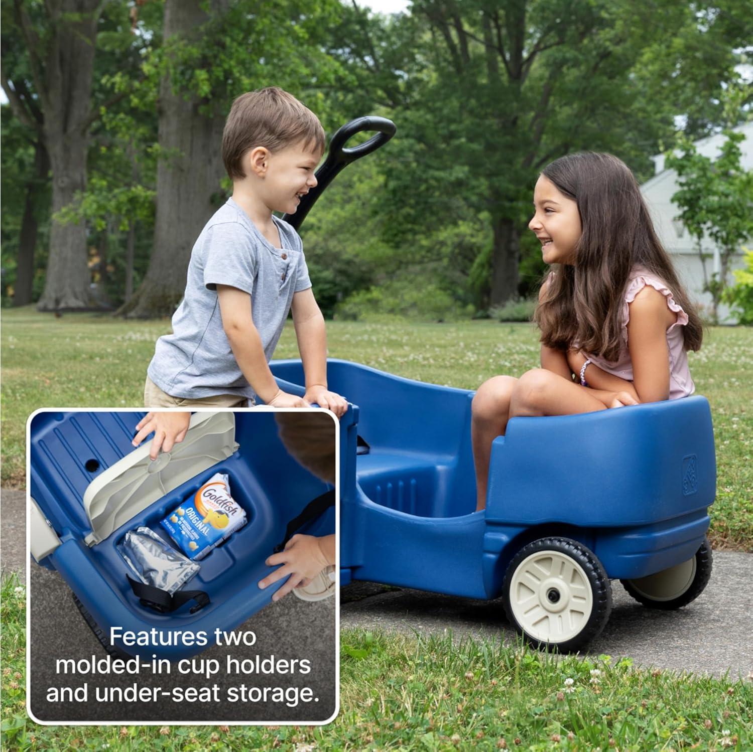 image:imageStep2 Wagon for Two Plus Kids Ride On Toy Stroller Substitute Includes Seat Belts Made of Durable Plastic Max Weight 75 lbs For Toddlers 155 Years Old Denim Blue