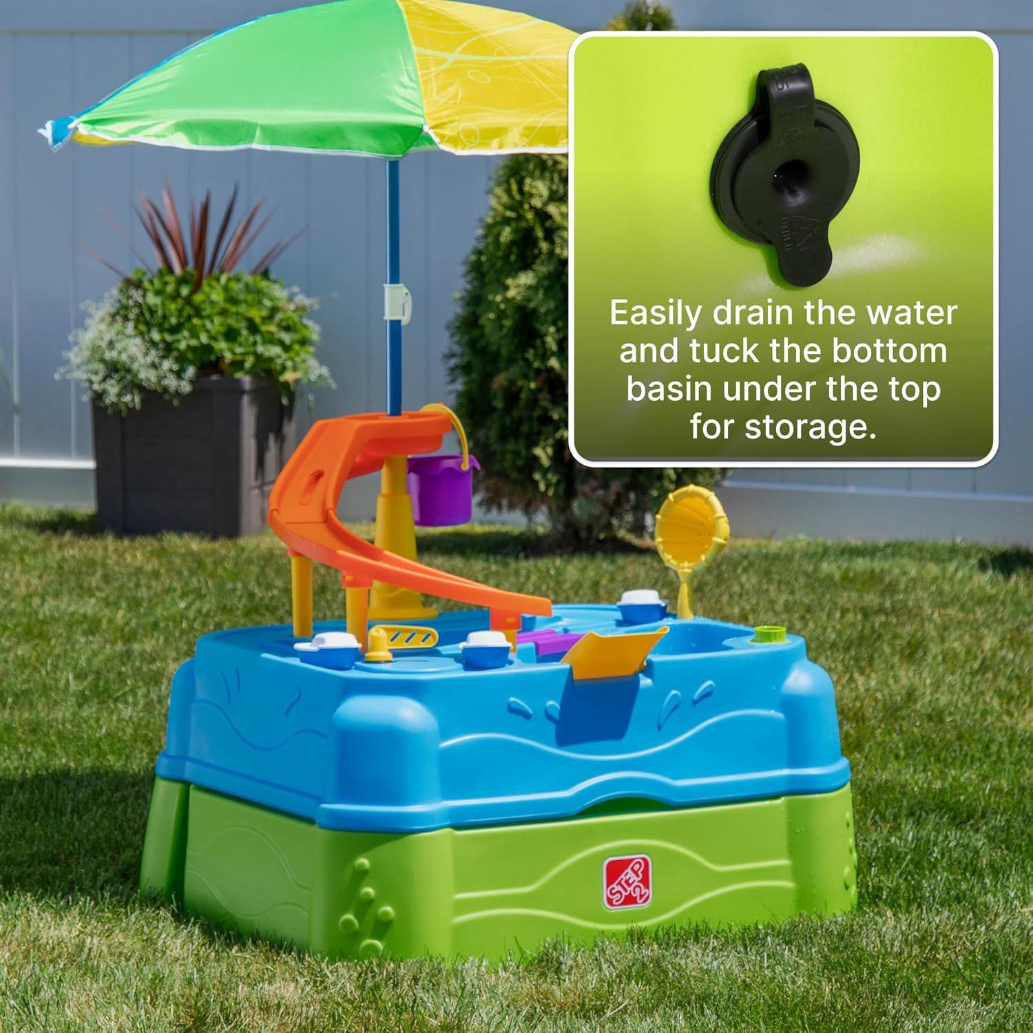 image:imageStep2 Waterpark Wonders Two Tier Water Table Kids Water Activity Sensory Playset with Umbrella Garden Hose Sprinkler Attachment 11 Piece Accessories Outdoor Summer Toy Ages 18 Months Blue
