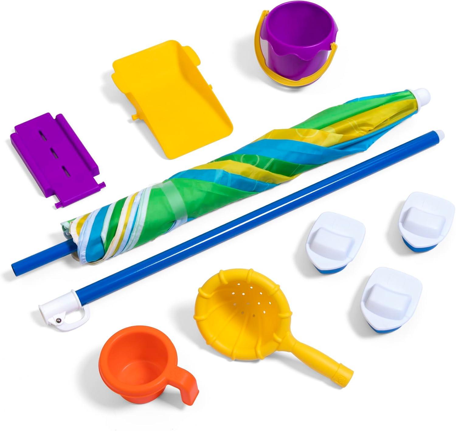 image:imageStep2 Waterpark Wonders Two Tier Water Table Kids Water Activity Sensory Playset with Umbrella Garden Hose Sprinkler Attachment 11 Piece Accessories Outdoor Summer Toy Ages 18 Months Blue