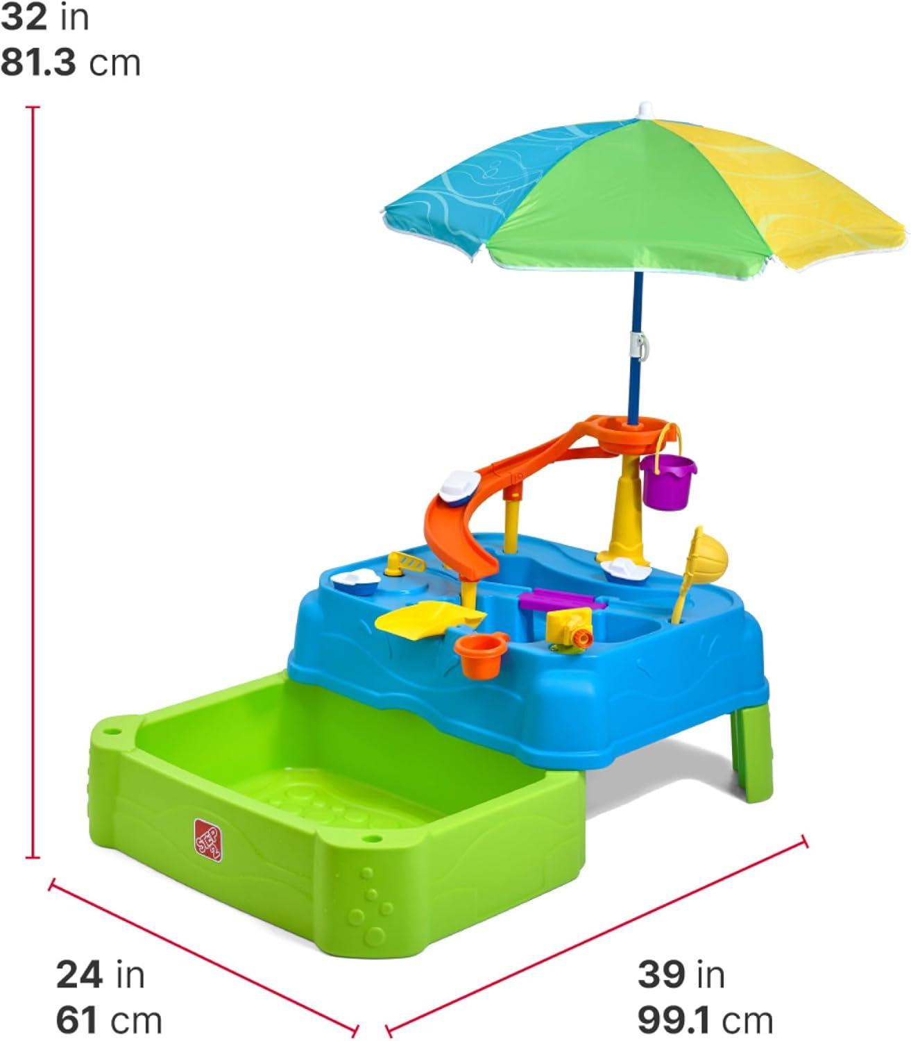 image:imageStep2 Waterpark Wonders Two Tier Water Table Kids Water Activity Sensory Playset with Umbrella Garden Hose Sprinkler Attachment 11 Piece Accessories Outdoor Summer Toy Ages 18 Months Blue