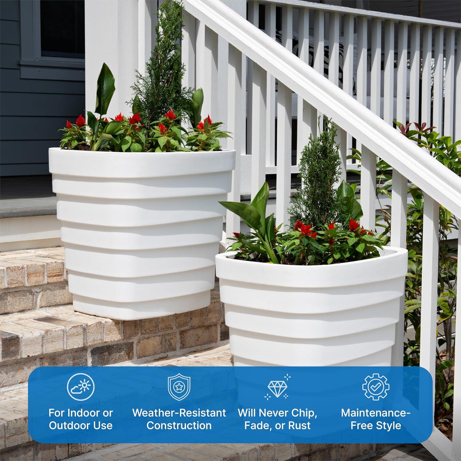 image:imageStep2 Wave 20x24 Planter Large Planters for Outdoor Plants Gardening and Flower Pot for Patio or Porch Efficient Drainage Durable Plastic White 2PackWhite