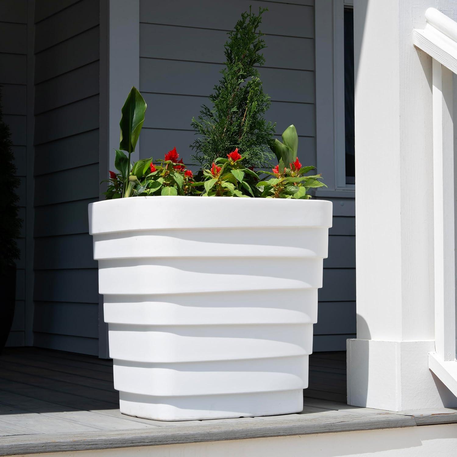 image:imageStep2 Wave 20x24 Planter Large Planters for Outdoor Plants Gardening and Flower Pot for Patio or Porch Efficient Drainage Durable Plastic White 2PackWhite