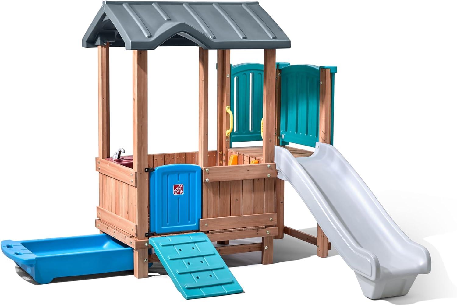 image:imageStep2 Woodland Adventure Playhouse amp Slide Kids Outdoor Playset Backyard Playground Set Swings Storage Drawer Made of Wood amp Durable Plastic Outside Jungle Gym for Children 38 Years Old