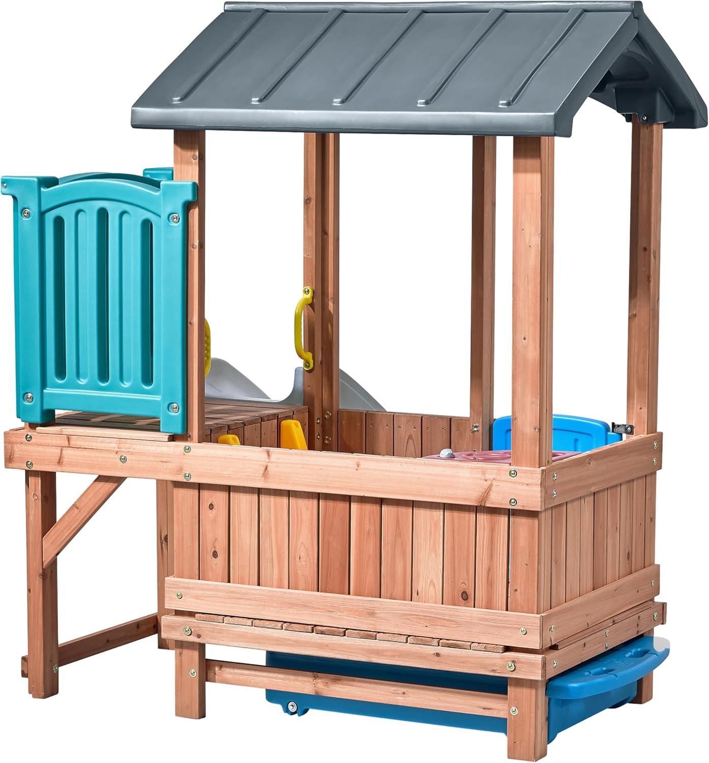 image:imageStep2 Woodland Adventure Playhouse amp Slide Kids Outdoor Playset Backyard Playground Set Swings Storage Drawer Made of Wood amp Durable Plastic Outside Jungle Gym for Children 38 Years Old