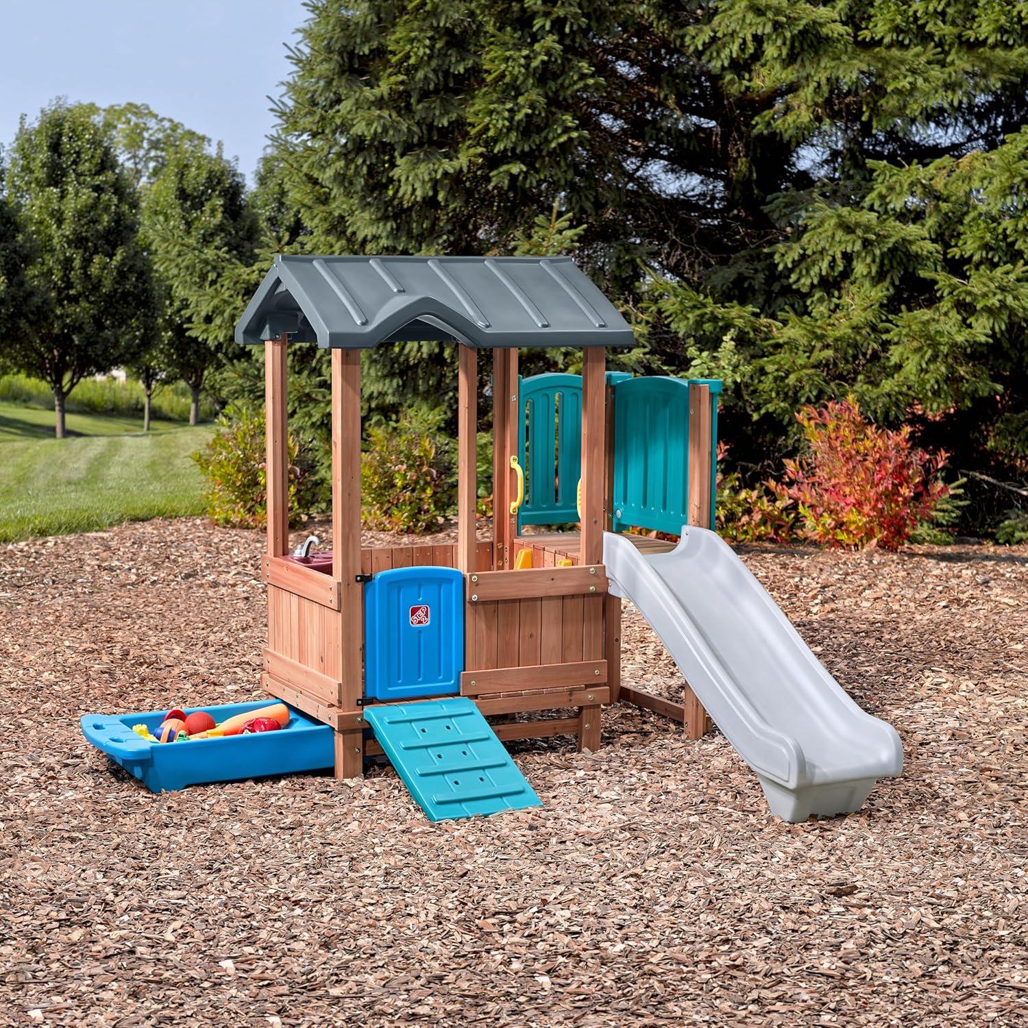 image:imageStep2 Woodland Adventure Playhouse amp Slide Kids Outdoor Playset Backyard Playground Set Swings Storage Drawer Made of Wood amp Durable Plastic Outside Jungle Gym for Children 38 Years Old