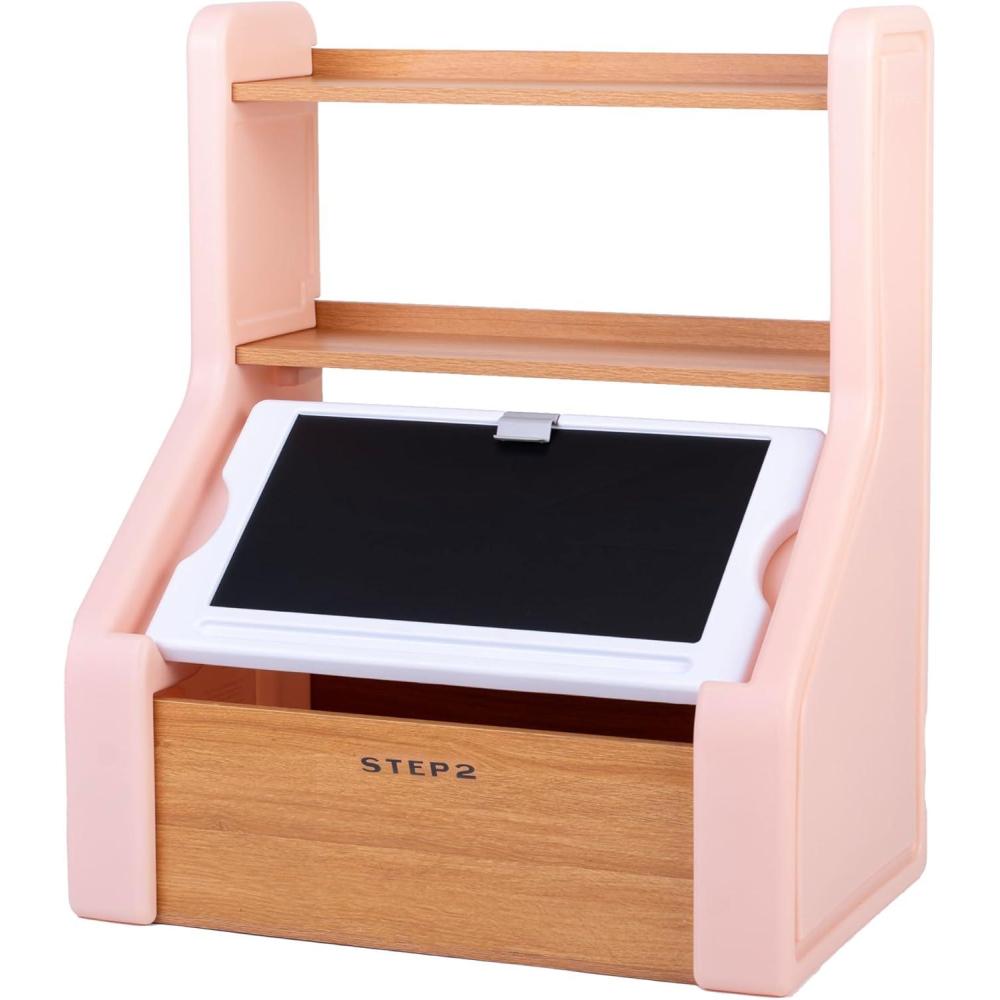 image:imageStep2 Harmony Toy Storage Box Wood and Plastic Shelves for Books Toy Storage Bin with Chalkboard Lid and Clip Easel and Toy Organizer in One Rose PinkRose Pink