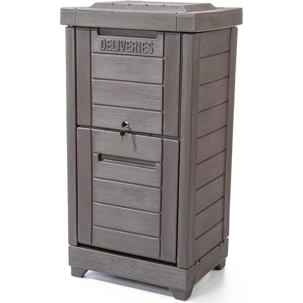 image:imageStep2 Lakewood Package Delivery Box Weather Resistant Large Outdoor Parcel Storage Made of Durable Plastic Easy Install Lock amp Key Access Dark Cedar