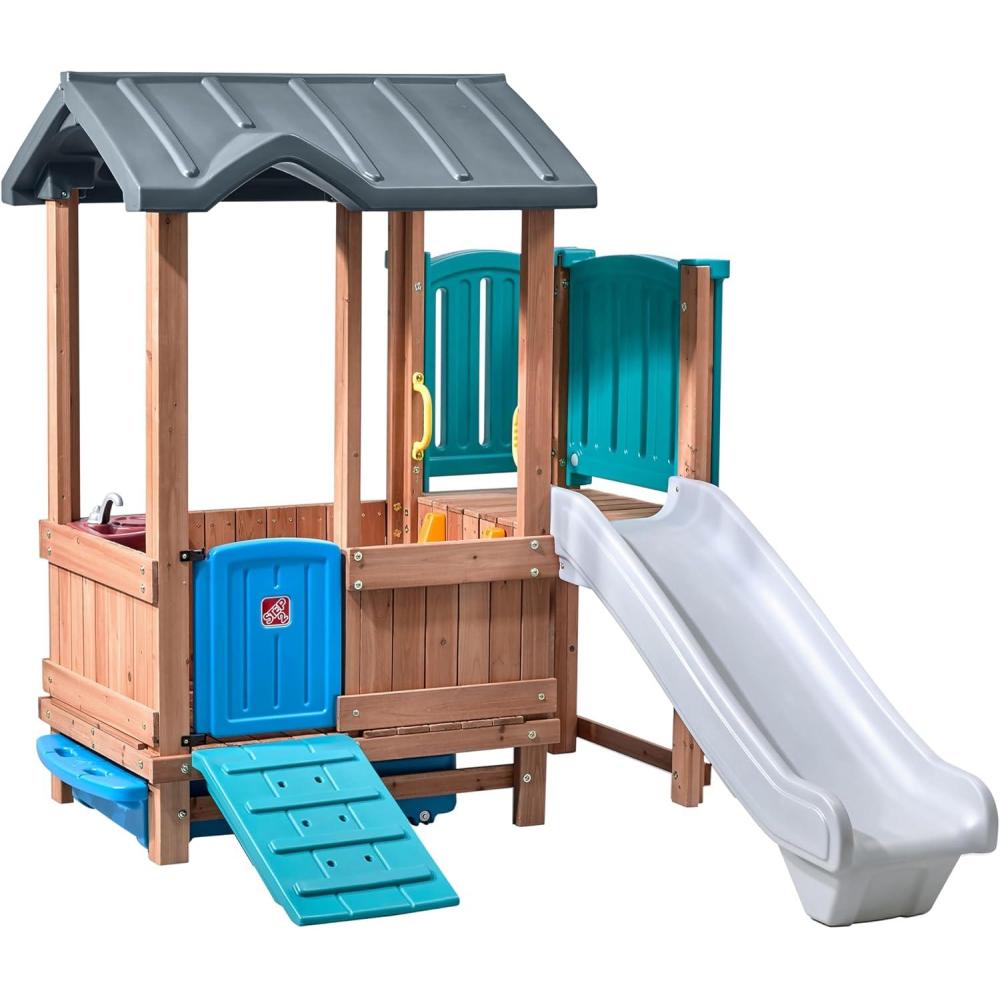 image:imageStep2 Woodland Adventure Playhouse amp Slide Kids Outdoor Playset Backyard Playground Set Swings Storage Drawer Made of Wood amp Durable Plastic Outside Jungle Gym for Children 38 Years Old