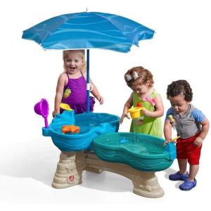 Step 2 Spill & Splash Seaway Water Table for Kids, Two-Tier Outdoor Kids Water Sensory Table with Umbrella, Ages 1.5+ Years Old, 11 Piece Water Toy Accessories(Multi-color)