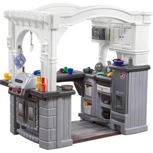 Step2 Grand Walk-in Kitchen & Grill Kids Playset, Indoor/Outdoor Kitchenette, Interactive Play with Lights and Sounds, Durable Plastic, 103 Piece Toy Accessories, Toddlers 2+ Years Old, Gray/White(Gray)