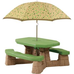 Step2 Naturally Playful Kids Picnic Table with Removeable Umbrella, Indoor/Outdoor Toys, Fits 6 Children, Made of Durable Plastic, For Toddlers 3+ Years Old, Green & Leaves(Green & Leaves)
