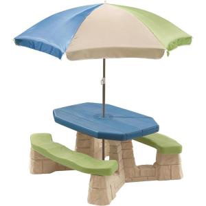 Step2 Naturally Playful Kids Picnic Table with Removeable Umbrella, Indoor/Outdoor Toys, Fits 6 Children, Made of Durable Plastic, For Toddlers 3+ Years Old, Green & Leaves(Blue & Green)