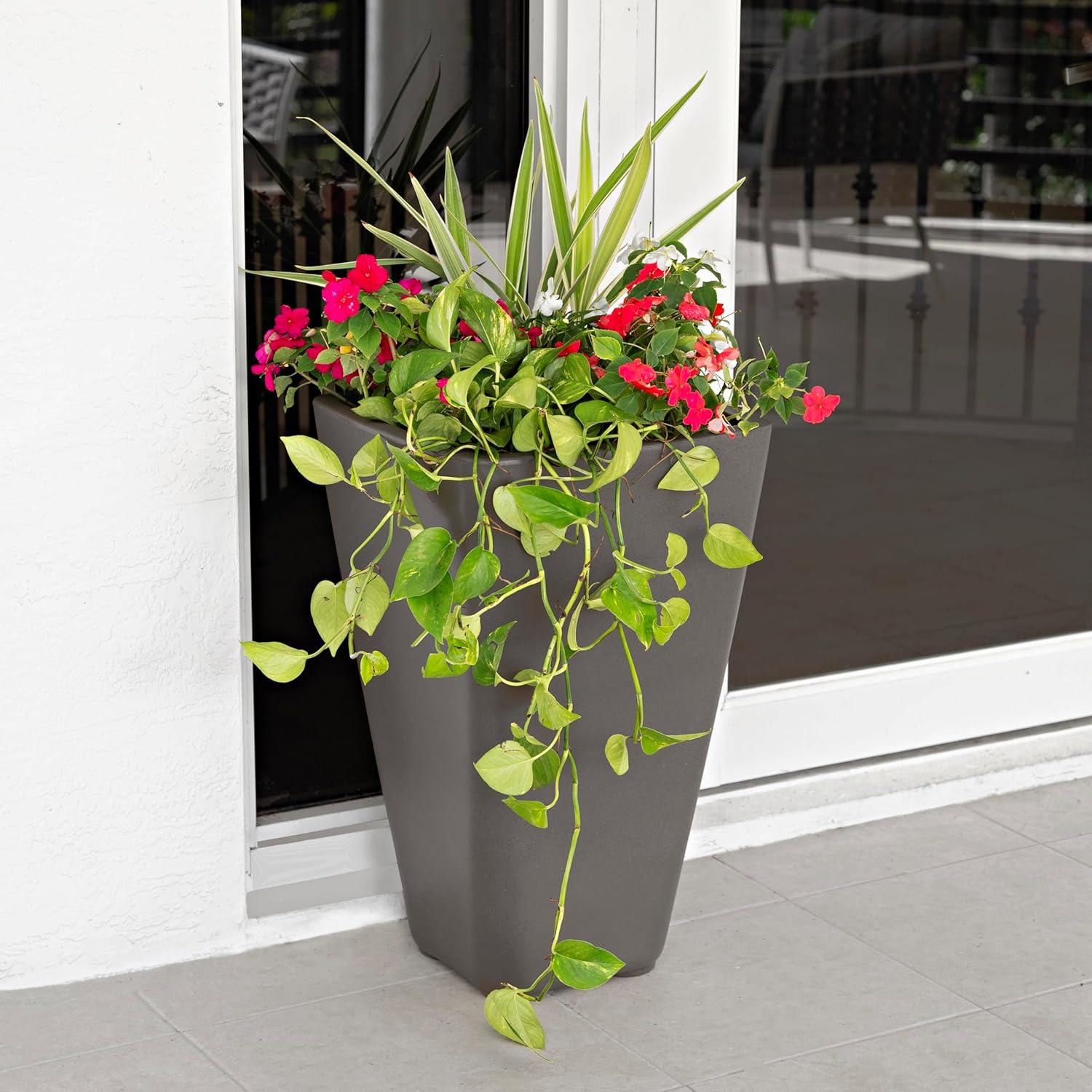 image:imageStep2 Bridgeview Tall Square Planter Large Planters for Outdoor Plants Gardening and Flower Pot for Patio or Porch Efficient Drainage Durable Plastic Dark Cedar 2PackDark Cedar