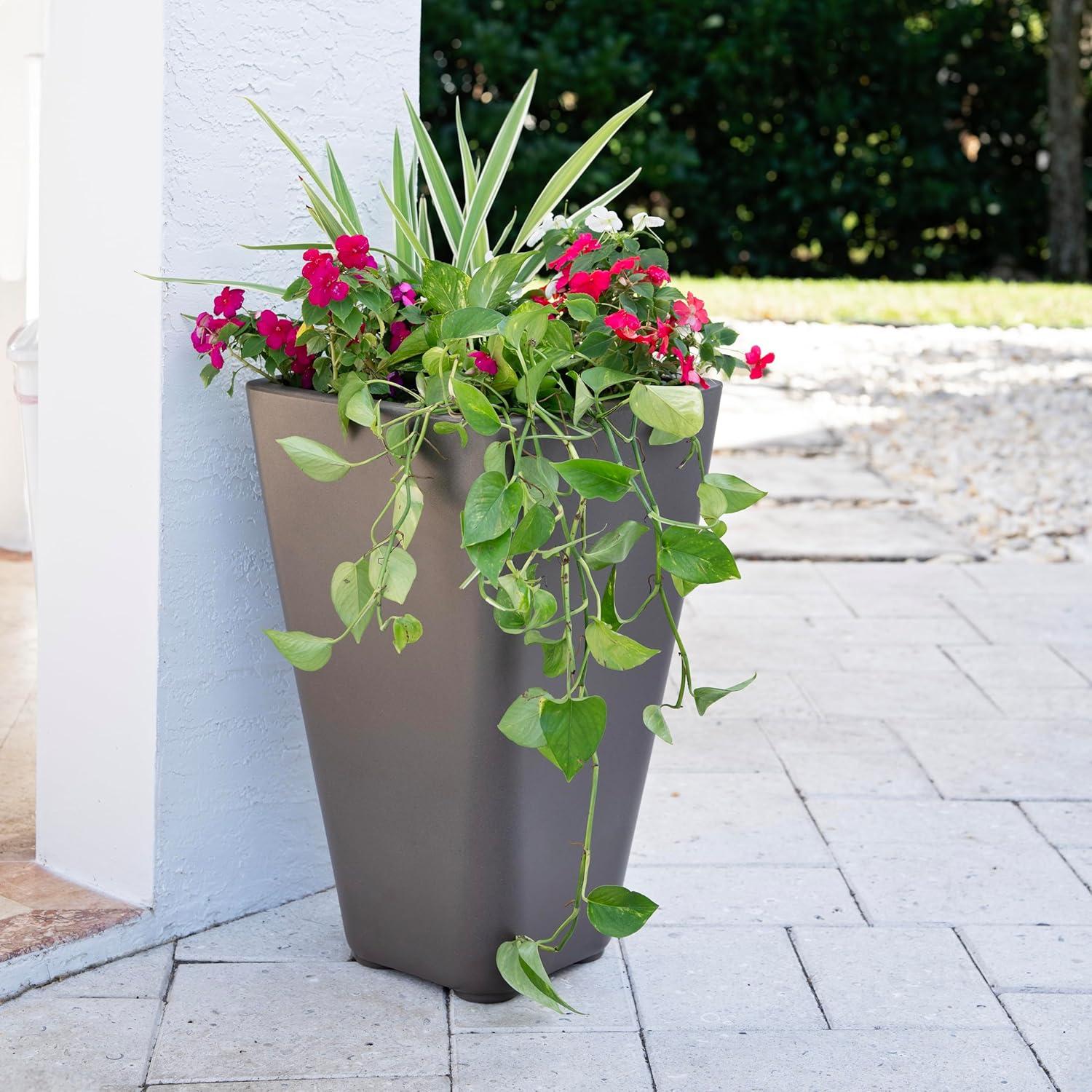 image:imageStep2 Bridgeview Tall Square Planter Large Planters for Outdoor Plants Gardening and Flower Pot for Patio or Porch Efficient Drainage Durable Plastic Dark Cedar 2PackDark Cedar