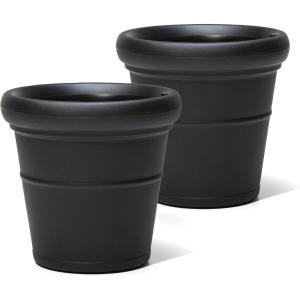 Step2 Claremont Tall Round Planter, Large Planters for Outdoor Plants, Gardening and Flower Pot for Patio or Porch, Efficient Drainage, Durable Plastic, Onyx Black, 2-Pack(Onyx Black)