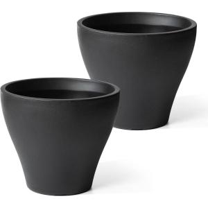Step2 Fernway Round Planter, Large Planters for Outdoor Plants, Gardening and Flower Pot for Patio or Porch, Efficient Drainage, Durable Plastic, Dark Cedar, 2-Pack(Onyx Black)
