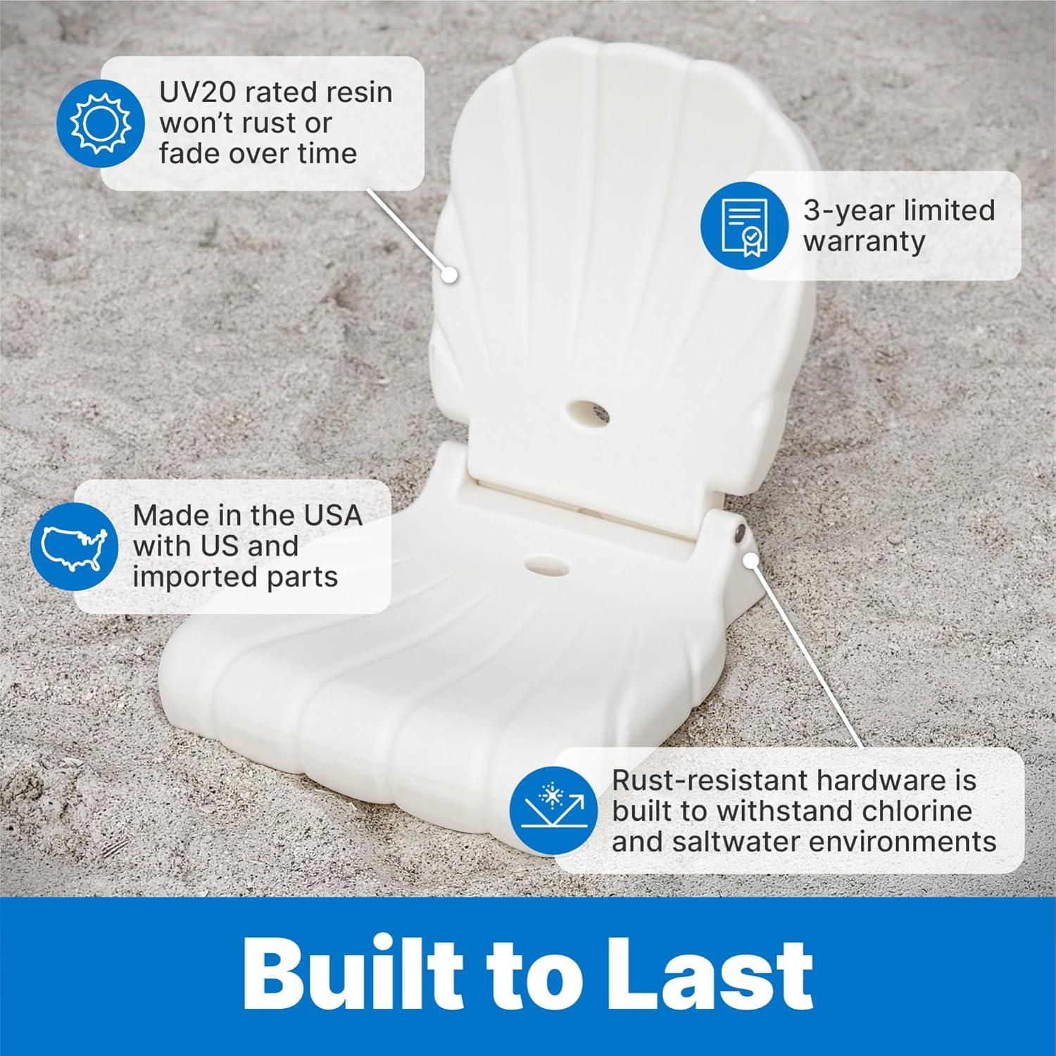 image:imageStep2 Seashell Flip Seat 2 Pack Adult Portable Outdoor Chairs for Poolside Camping Beach Stadium Providing Back Support Made of UV20 Durable Plastic Incredible White
